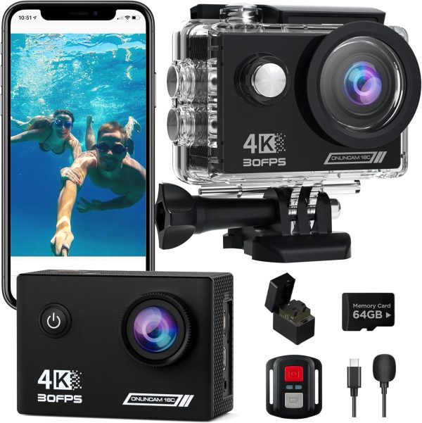 Action Camera 4K30fps with 64G SD Card,HD Waterproof Camera 131ft Underwater Cameras 20MP Pre-Recording WiFi Camera 170° Remote Control Sports Cameras with 2 Batteries Helmet Mount Accessories Kits - Image 9