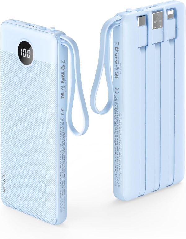 VRURC 10000mAh Power Bank Built-in Cables, Portable Charger with LED Display, Slim Travel Battery Pack with Cords, 5 Output Dual Input Phone Charger for Cell Phone Smart Devcies-Blue(1 Pack) - Image 9